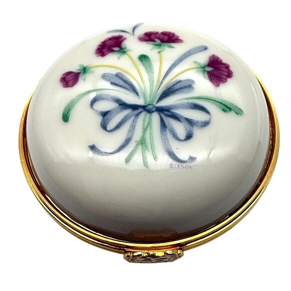 Lenox Porcelain Trinket Box Floral Bow Design Gold Trim Hinged Jewelry Holder - Picture 1 of 8